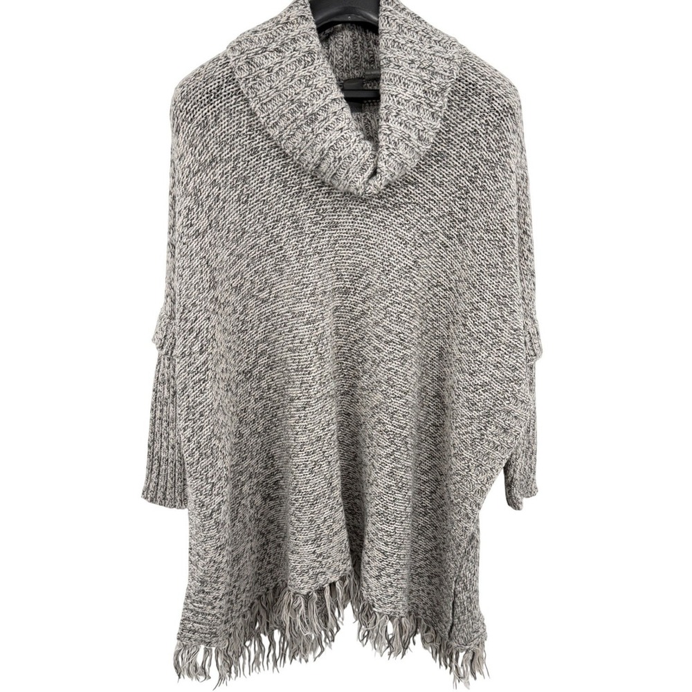 Quinn Fringe Hem Cowl Neck Poncho Sweater Grey Marled Knit Small Bohemian Cozy
